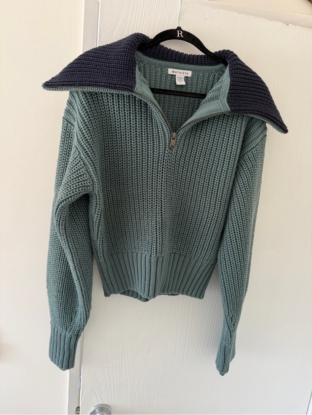 Athleta Sage Green Half-Zip Knit Sweater with Navy Fold Collar
